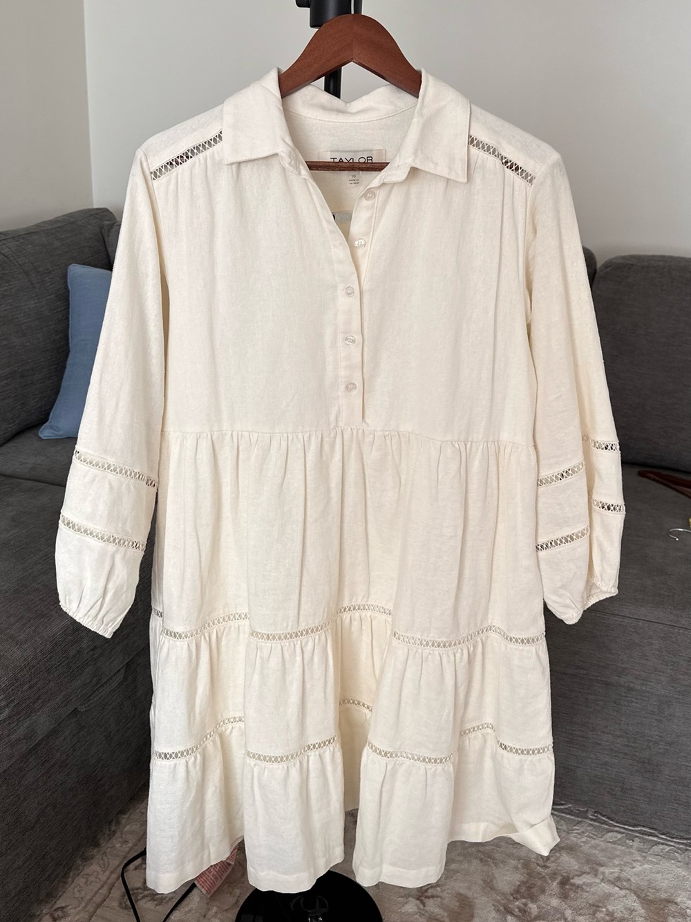 TAYLOR Ivory Linen Blend Tiered Midi Dress – NWT, Size 10 - Picture 9 of 11